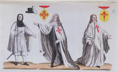 Rycerze Calatrava w strojach wojennych, ceremonialnych i jako rycerzy Zakonu św. Jakuba, ilustracja z „Costume Antico e Moderno” autorstwa Guilio Ferrario, ok. 1820